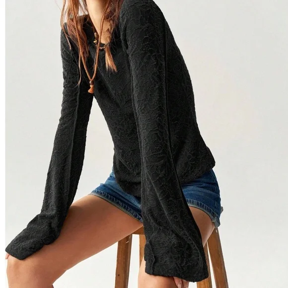 Solid lace Fitted Long Bell Sleeve Top